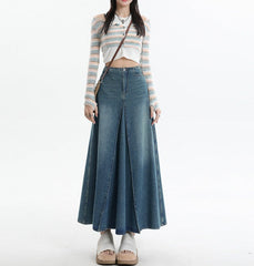 Vintage Wash Pleated Denim Maxi Skirt