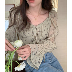 Coquette Bow Tie Floral Puff Long Sleeve Blouse