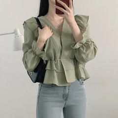 V-Neck Ruffled Long Sleeve Blouse
