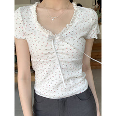 Ruffled V-Neck Floral Short Sleeve Tee