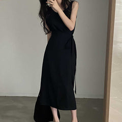 Round Neck Tied Cinched Sleeveless Maxi Dress