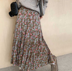 Vintage Floral High Waist Pleated Maxi Skirt