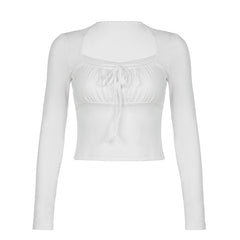 Solid Color Lace Trim Bow Square Collar Slim Tee