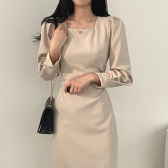 Square Collar Puff Sleeve Midi Dress
