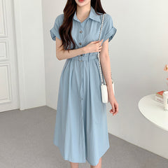 Solid Color Polo Collar Short Sleeve Maxi Dress