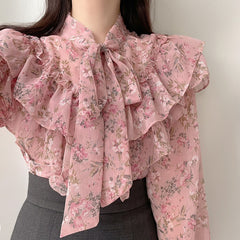 Tie Bow Ruffled Floral Blouse