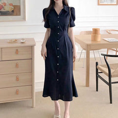 Solid Color Short Sleeve Button Bodycon Midi Dress