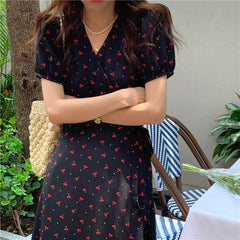 Cherry Print V-Neck Side Tie Puff Sleeve Maxi Dress