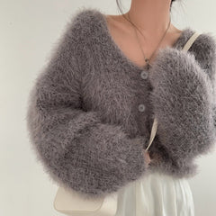 V-neck Knitted Fuzzy Cardigan