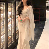 Oblique Wire Sling Embroidery Maxi Dress