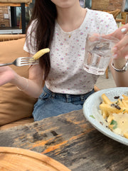 Lace Trim Round Neck Floral Short Sleeve Tee