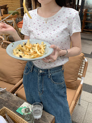 Lace Trim Round Neck Floral Short Sleeve Tee