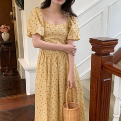 French Light Yellow Square Collar Pear-shaped Slightly Fat Dopamine Dress
