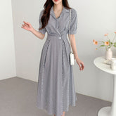 Vintage Striped Waist-tight Puff Sleeve Maxi Dress