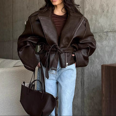 Vintage Oversized Zip Up Pu Leather Jacket