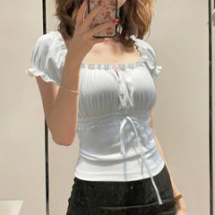 Ruffled Square Collar Coquette Puff Sleeve Tee