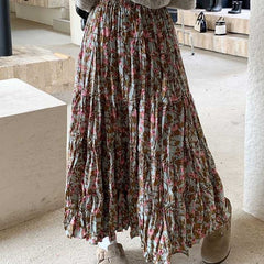 Vintage Floral High Waist Pleated Maxi Skirt
