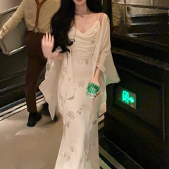 Oblique Wire Sling Embroidery Maxi Dress