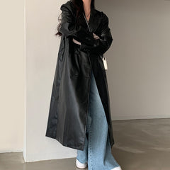 Suit Collar Double Breasted PU Leather Maxi Coat