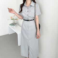 Short Sleeve Button Down Cargo Midi Dress