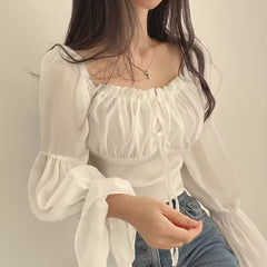 Solid Color Elastic Square Neck Puff Sleeve Blouse