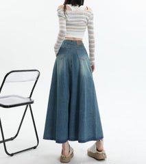 Vintage Wash Pleated Denim Maxi Skirt