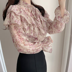 Tie Bow Ruffled Floral Blouse