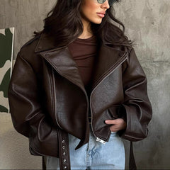 Vintage Oversized Zip Up Pu Leather Jacket