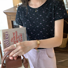 Lace Trim Round Neck Floral Short Sleeve Tee