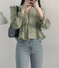 V-Neck Ruffled Long Sleeve Blouse