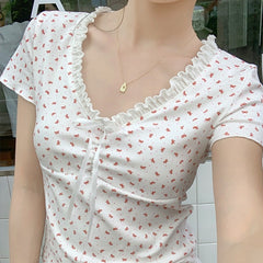 Ruffled V-Neck Floral Short Sleeve Tee