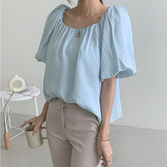 Solid Color Oversized Puff Sleeve Blouse