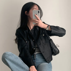 Round Neck Pu Leather Jacket