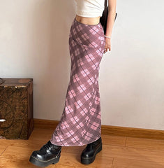 Vintage Plaid Print Maxi Skirt