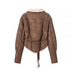 Lapel Lace Up Leather Long Sleeve Jacket