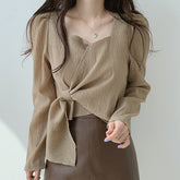 Square Collar Side Tie Puff Long Sleeve Blouse