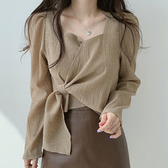 Square Collar Side Tie Puff Long Sleeve Blouse