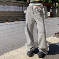 Side Lace Patchwork Bow Baggy Sweatpants
