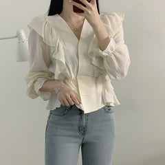 V-Neck Ruffled Long Sleeve Blouse
