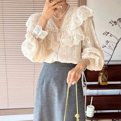 Vintage Ruffle Lace Long Sleeve Blouse