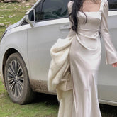 Square Collar Satin Maxi Dress