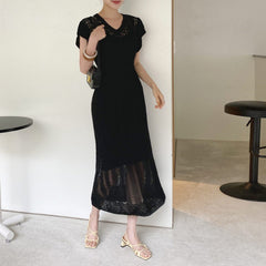 V-neck Short Sleeve Crochet Knitted Maxi Dress