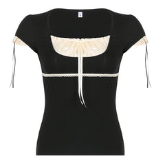 Lace Stitching Bow Square Collar Short Sleeve Tee