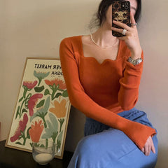 Square Collar Long Sleeve Knitted Tee