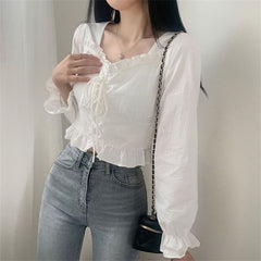 Square Collar Front Tie Ruffled Long Sleeve Blouse