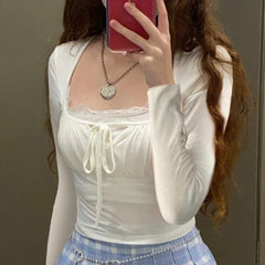 Solid Color Lace Trim Bow Square Collar Slim Tee