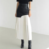 Asymmetric Patchwork Faux Leather Chiffon Pleated Midi Skirt
