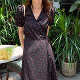 Cherry Print V-Neck Side Tie Puff Sleeve Maxi Dress