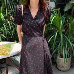 Cherry Print V-Neck Side Tie Puff Sleeve Maxi Dress