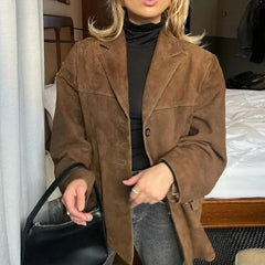 Chic Brown Casual Suede Lapel Jacket